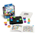 Logic puzzle with colorful patterned 3D shapes, a black grid board, and puzzle book in a clear travel case.