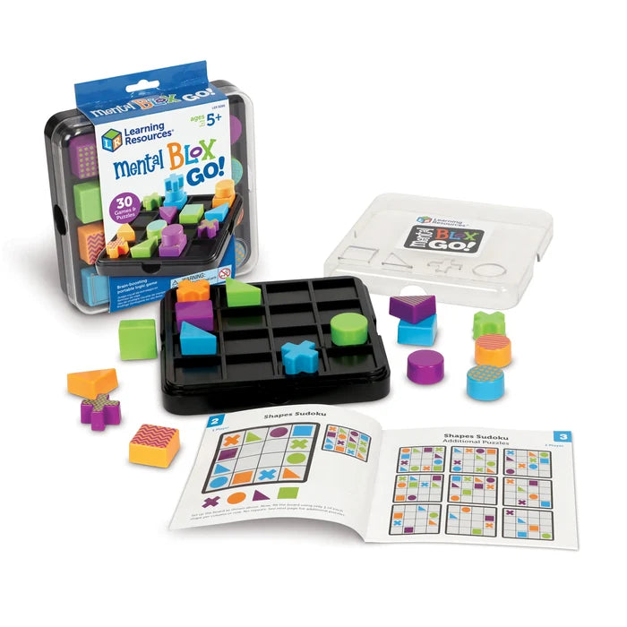 Logic puzzle with colorful patterned 3D shapes, a black grid board, and puzzle book in a clear travel case.