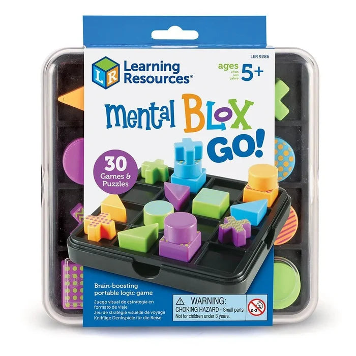 Portable logic game featuring colorful, patterned 3D geometric shapes in a black travel tray and clear plastic case.