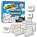 Blue board game box with white square question cards and multicolored bingo grids with numerical answers.
