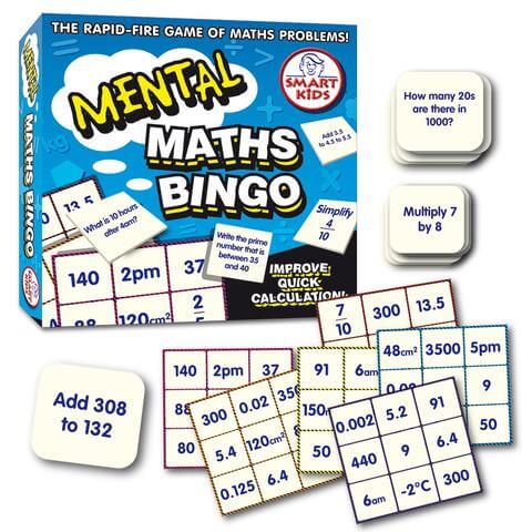 Blue board game box with white square question cards and multicolored bingo grids with numerical answers.