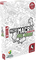 Detailed black and white line-art board game box showing a busy isometric city, detective bear, and green title text.