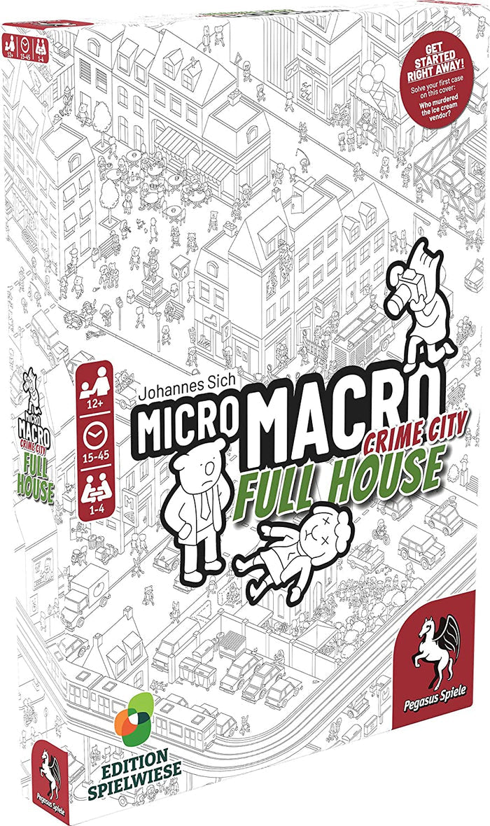 Detailed black and white line-art board game box showing a busy isometric city, detective bear, and green title text.