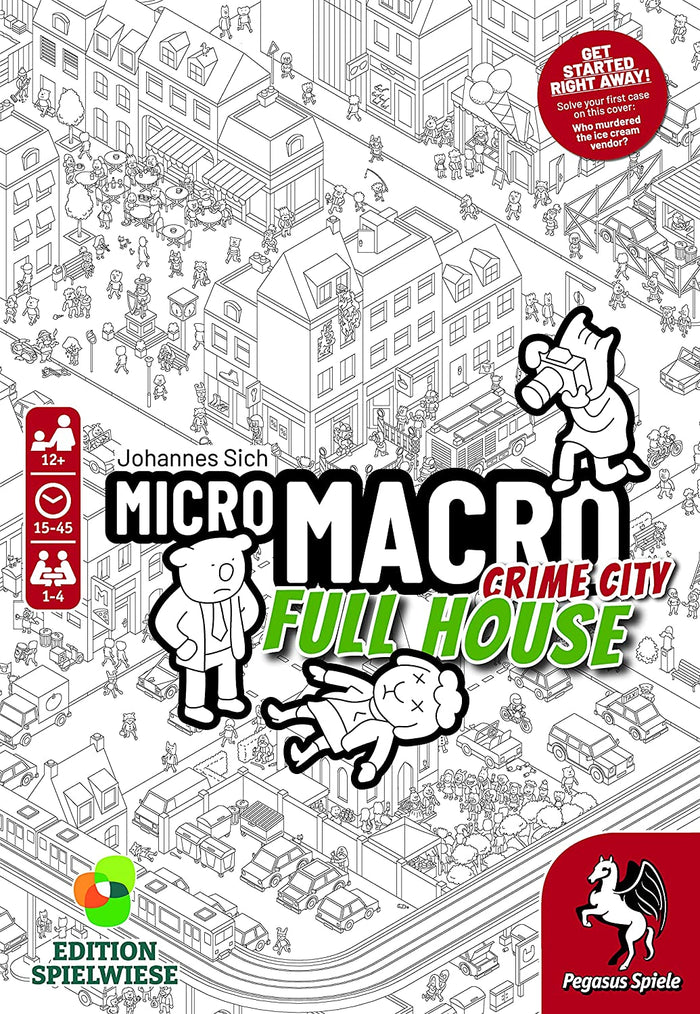 Board game box with a dense black and white cartoon city scene, detective characters, and bold red and green text.