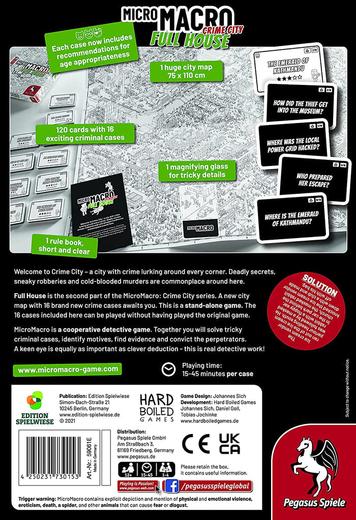 Back of game box displaying a large illustrated city map, playing cards, magnifying glass, and detailed descriptions.