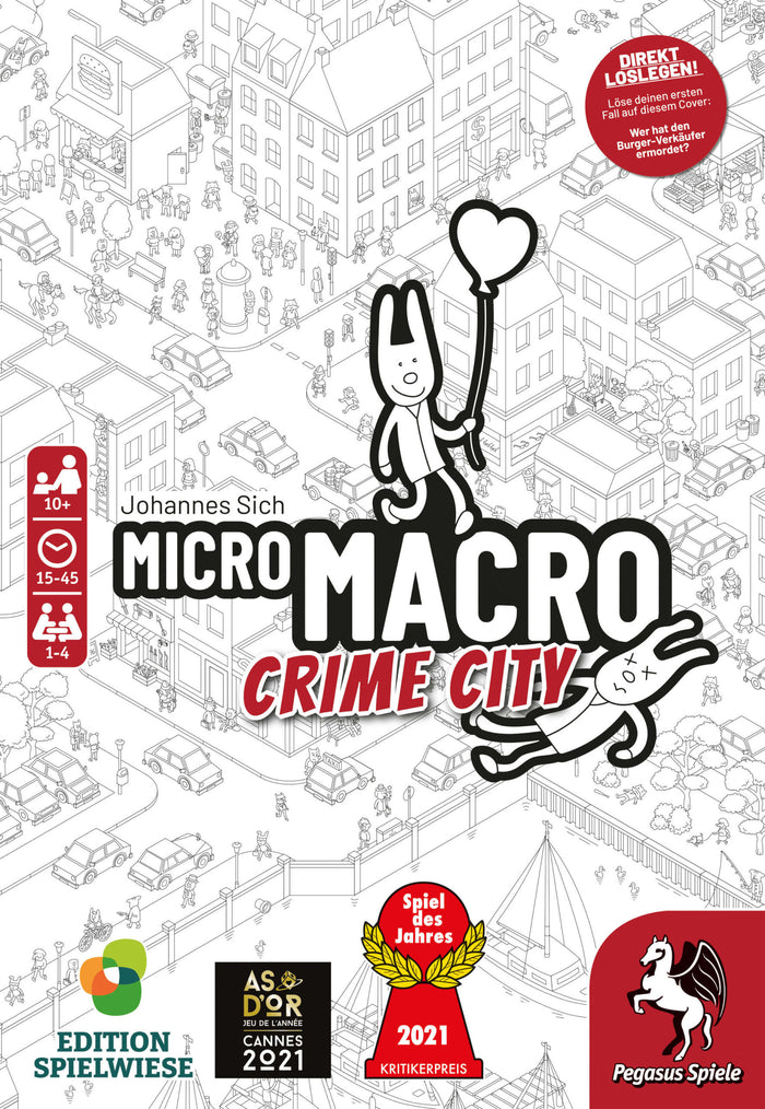 Black and white isometric city illustration with a rabbit character, large title, and game award logos.