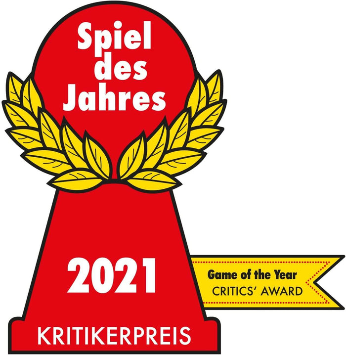 Red pawn-shaped award with a gold laurel wreath, Spiel des Jahres 2021 and Game of the Year Critics' Award text.