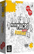 500-piece puzzle box featuring a dense black and white cartoon funfair scene with yellow accents and French labels.