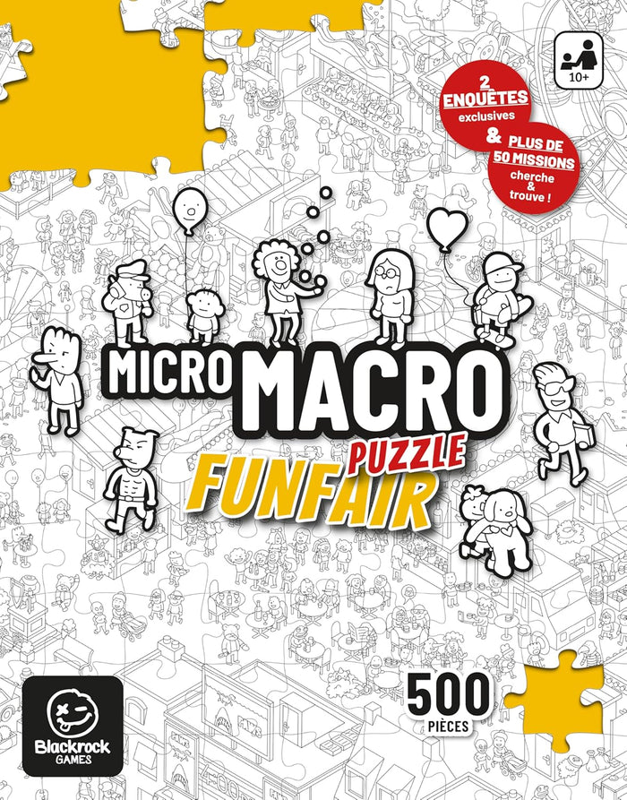 500-piece puzzle box with dense black and white fairground line art, cartoon characters, and yellow puzzle piece accents.