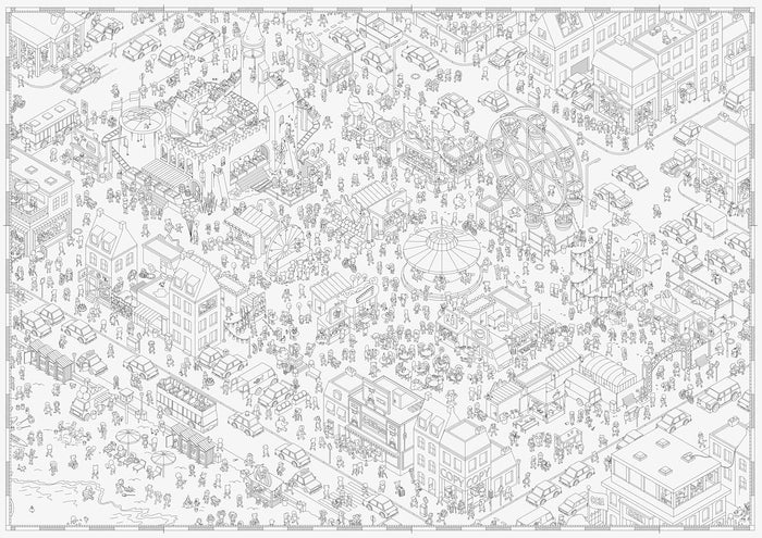Intricate black and white isometric illustration of a crowded fairground with a Ferris wheel and tiny people.