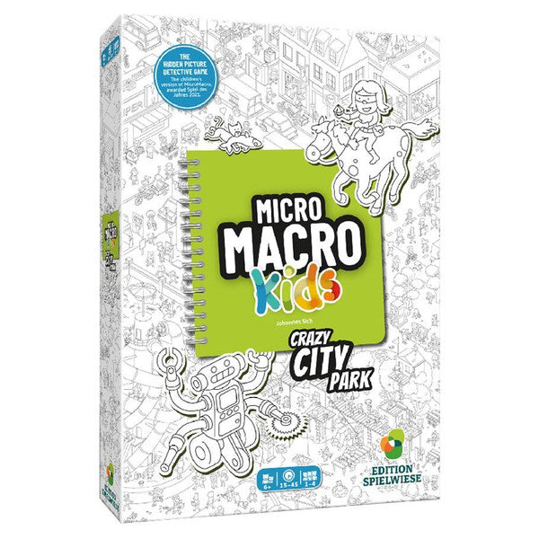 White box with black city line art, a central green spiral notebook graphic, and illustrations of a robot and horse.