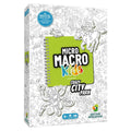 White box with black city line art, a central green spiral notebook graphic, and illustrations of a robot and horse.