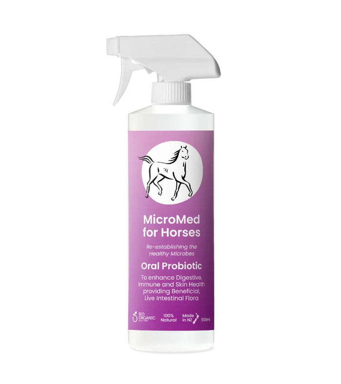 MicroMed for Horses Care bottle, 500ml, with label showing ongoing care solution for equine health and wellness.