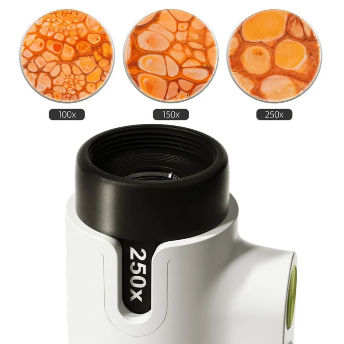 White microscope eyepiece with 250x dial and three magnified views of orange cell patterns at 100x, 150x, and 250x.