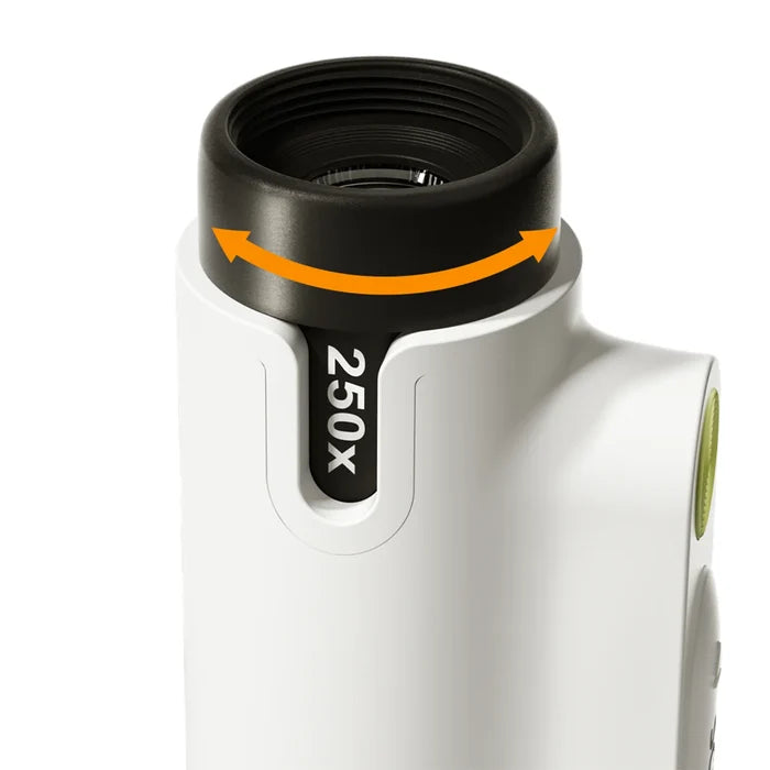 Close-up of a white microscope with a black rotating dial labeled 250x and an orange arrow showing rotation.