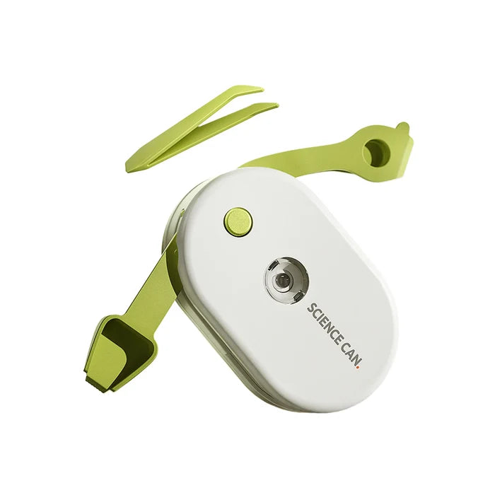 White and lime green handheld microscope with oval body and lens, shown with matching plastic tweezers and tools.