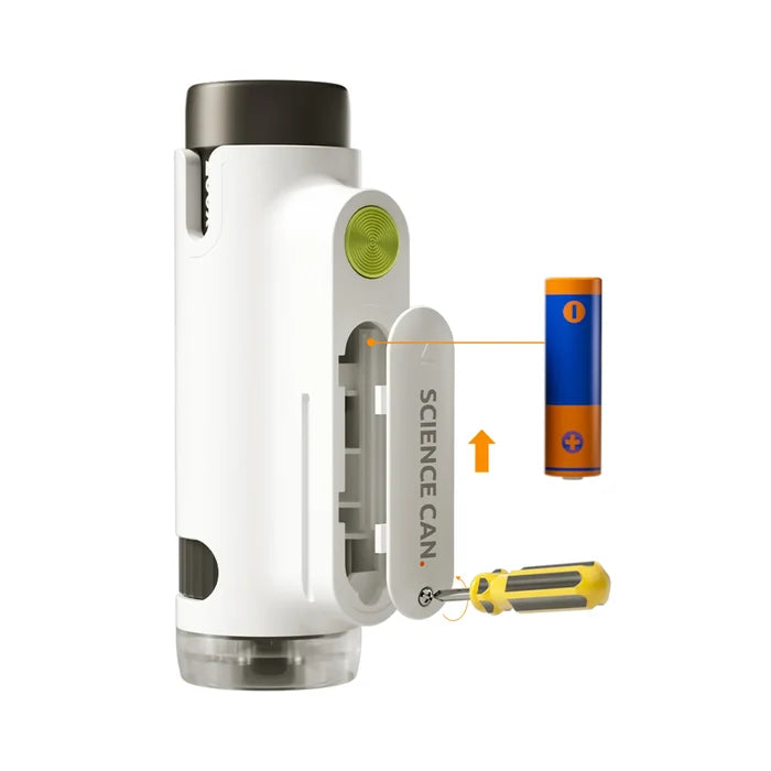 Handheld white microscope showing a screwdriver opening the battery door and a battery ready for installation.