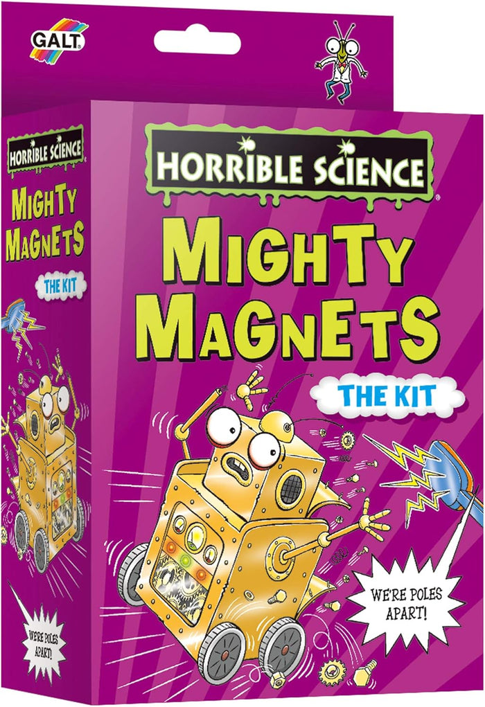 Purple Horrible Science Mighty Magnets kit box featuring a yellow cartoon robot and WE'RE POLES APART! text.