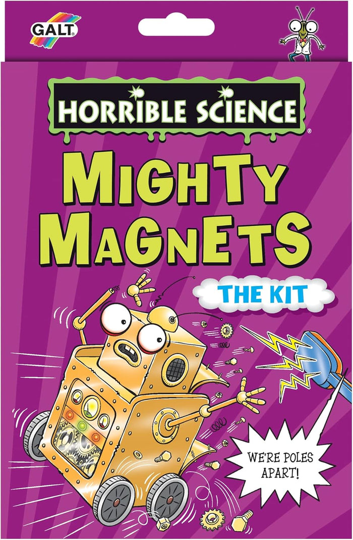 Purple Horrible Science Mighty Magnets box showing a scared robot repelled by a blue magnet with yellow sparks.