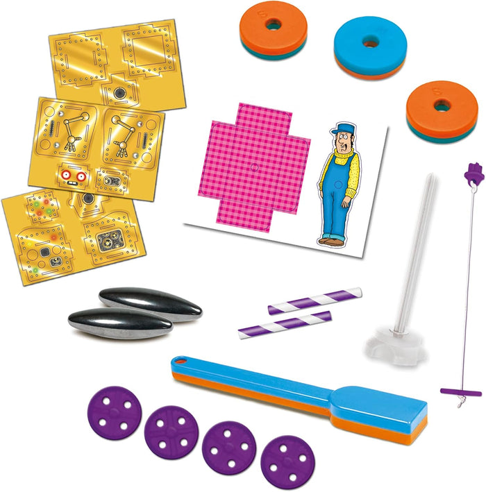 Magnetic toy kit with an orange and blue wand, silver oval magnets, ring magnets, robot stickers, and purple wheels.