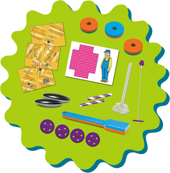 Colorful magnet toy set featuring wands, rings, oval magnets, and stickers on a bright green scalloped background.