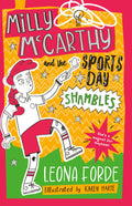 Cartoon book cover of a girl balancing an egg on a spoon against a bright orange and yellow zigzag background.