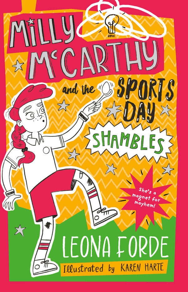 Cartoon book cover of a girl balancing an egg on a spoon against a bright orange and yellow zigzag background.