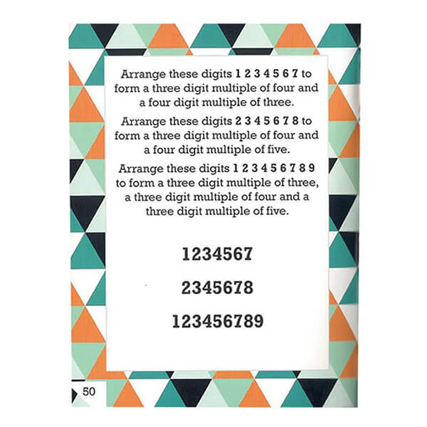 Page of math logic puzzles framed by a colorful teal, orange, and blue geometric triangle border.