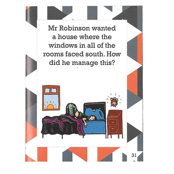 Illustrated puzzle book page with riddle text, a sleeping man, and a border of gray and orange triangles.