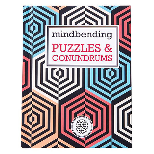 Book cover with a teal, coral, and black geometric hexagon pattern and mindbending PUZZLES & CONUNDRUMS text.