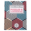 Book cover with a teal, coral, and black geometric hexagon pattern and mindbending PUZZLES & CONUNDRUMS text.