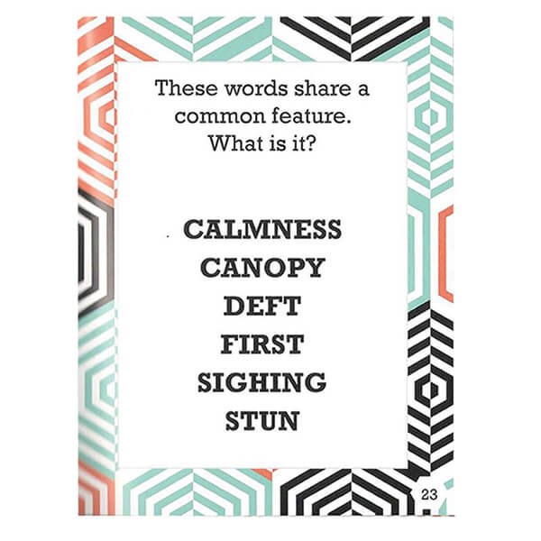 Puzzle book page with a teal and coral geometric patterned border and a word riddle with six capitalized black words.
