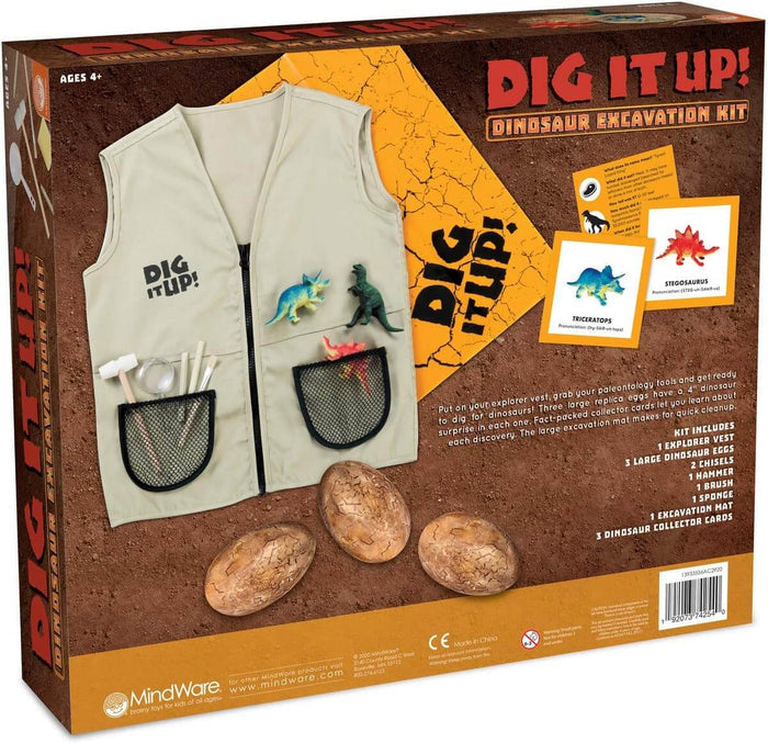 Box with tan explorer vest, three speckled eggs, tools, and dinosaur cards on an orange earth-themed background.
