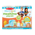 24-piece toy set box with a blue bowl, yellow bottle, food jars, and kids feeding a doll and teddy bear.