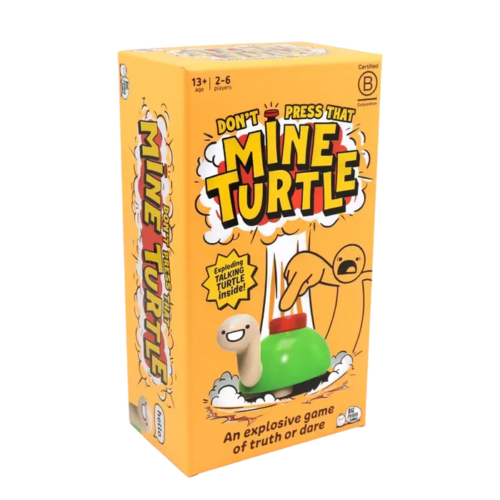 Yellow box with a cartoon turtle having a red button on its back and a stick figure near a mushroom cloud explosion.