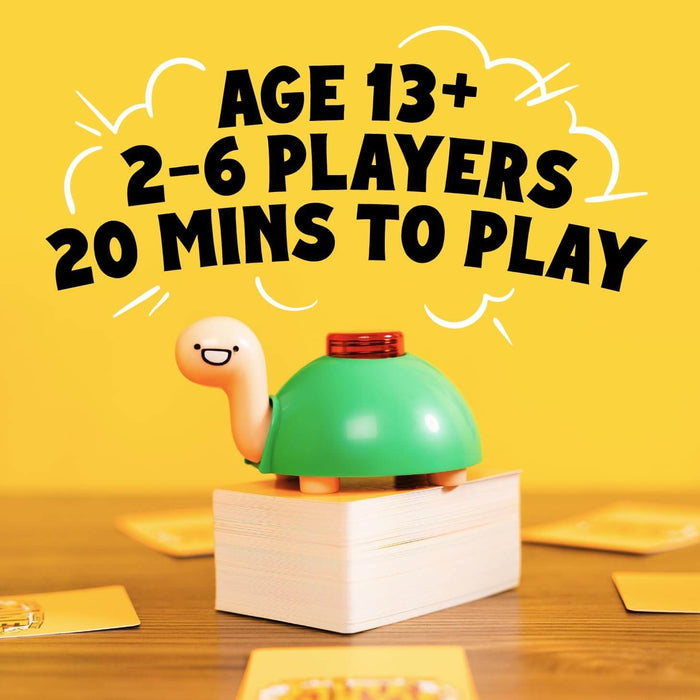Green toy turtle with a red button shell on white cards. Text lists Age 13+, 2-6 Players, and 20 Mins To Play.