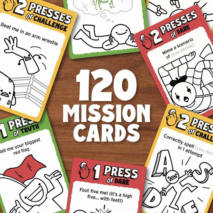 Colorful mission cards with simple character illustrations and text prompts scattered on a wooden background.