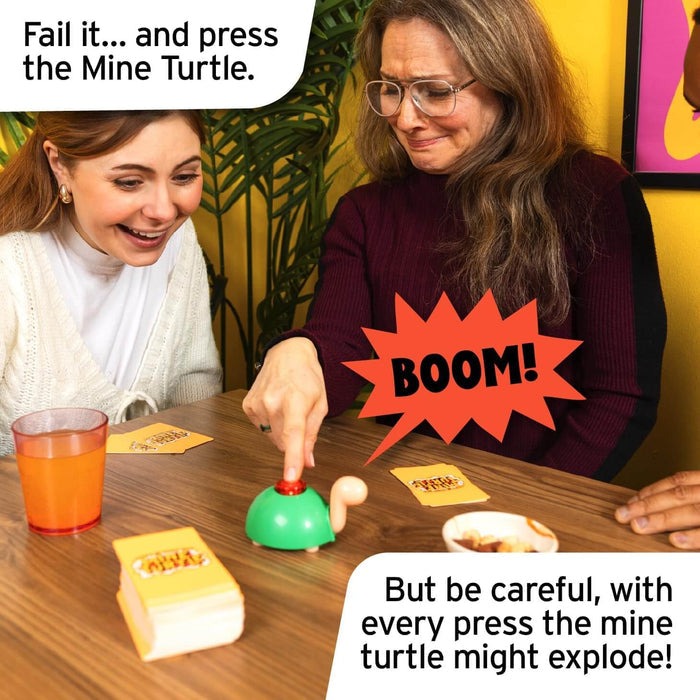 Woman presses a green turtle-shaped buzzer with a red button next to yellow game cards and a BOOM! graphic.