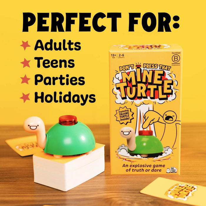 Yellow game box next to a green turtle toy with a red button on its shell, on white cards against a yellow background.