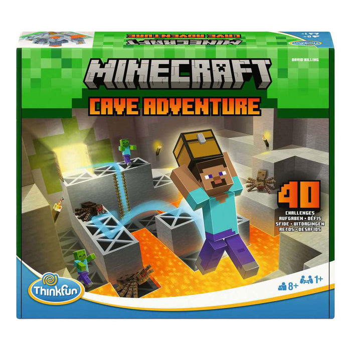 Thinkfun game box showing Steve with a chest in a blocky lava cave with zombies, spiders, and 40 puzzle challenges.