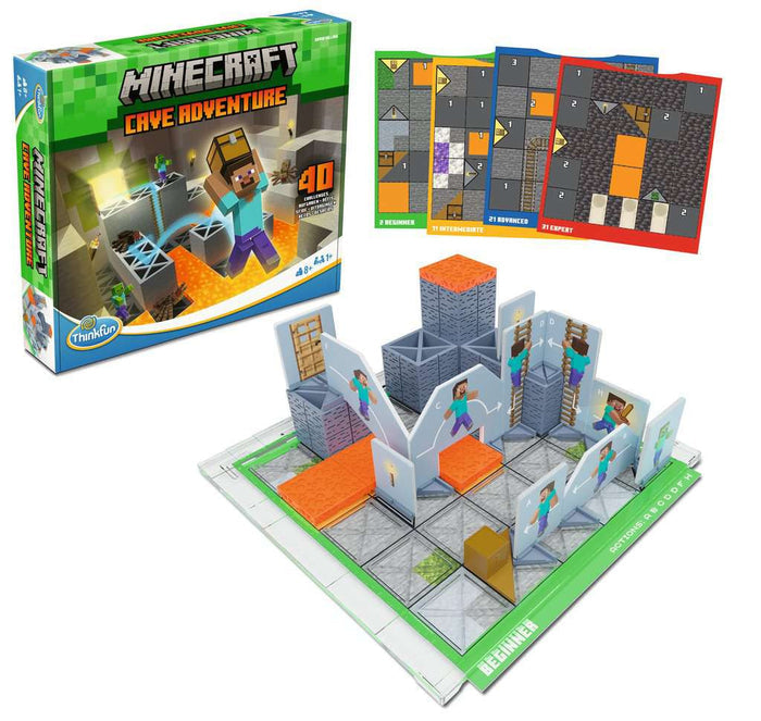 Green Minecraft box, challenge cards, and a 3D board with Steve figures, gray stone walls, and orange lava blocks.