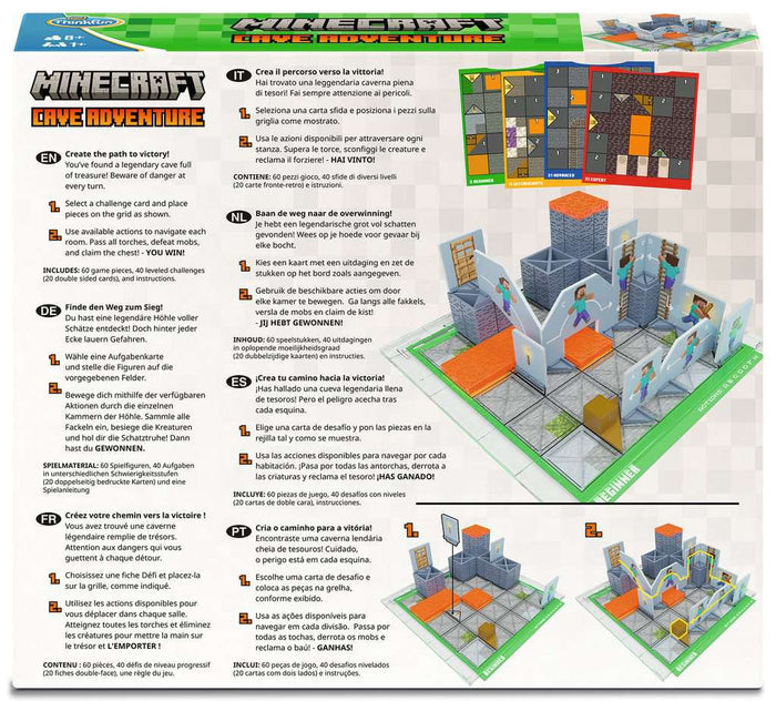 Back of game box with multi-language instructions and 3D illustrations of a Minecraft-themed board and small game pieces.