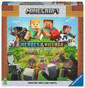 Minecraft board game box featuring blocky characters like Alex and Steve above a green village with enemy mobs.
