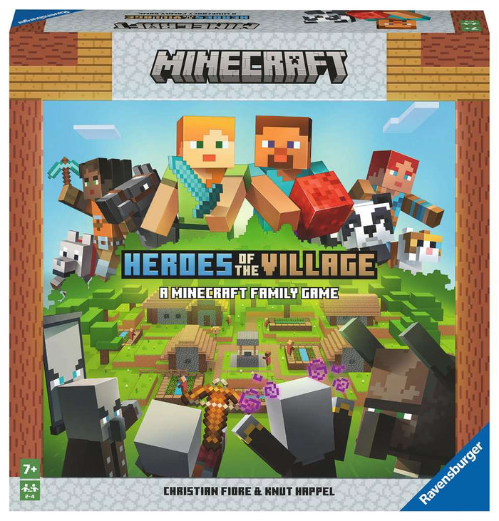 Minecraft board game box featuring blocky characters like Alex and Steve above a green village with enemy mobs.