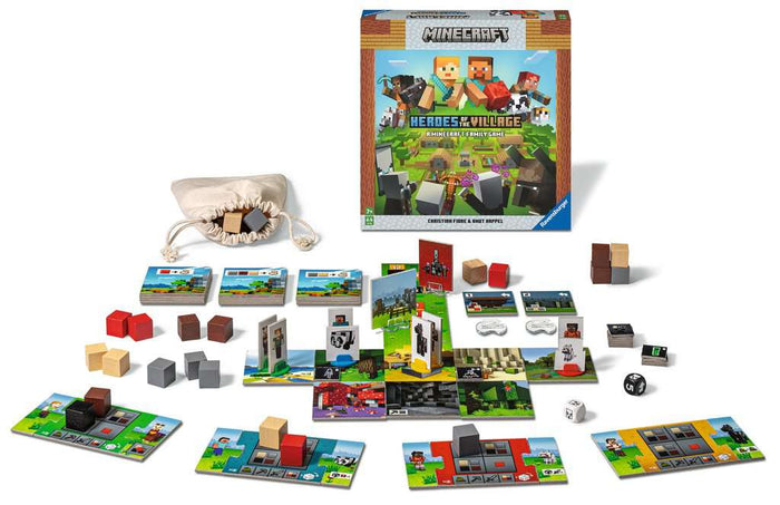 Minecraft board game with landscape tiles, wooden cubes, and character standees shown in front of the square game box.