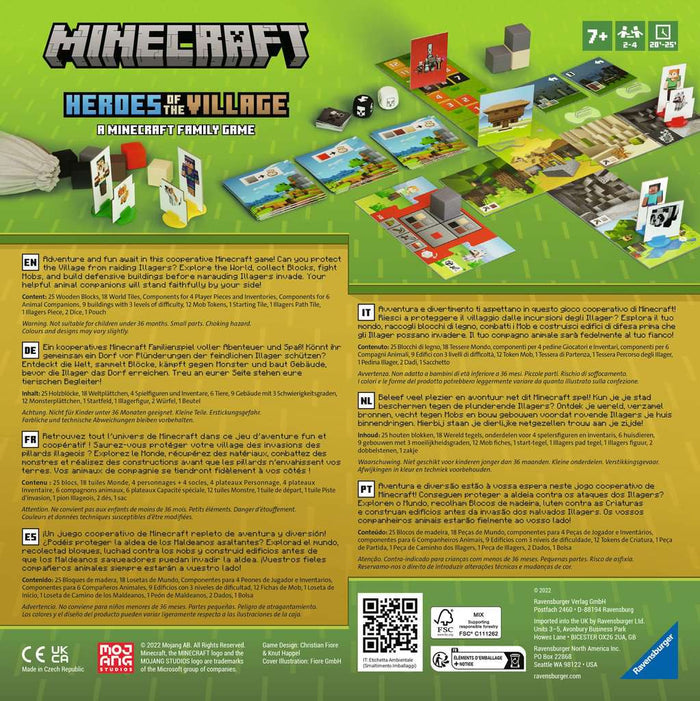 Back of a green grid board game box with pixelated battle art, descriptions in seven languages, and brand logos.