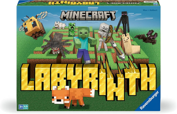 Minecraft Labyrinth game box showing pixelated mobs in a green maze under large gold blocky letters.