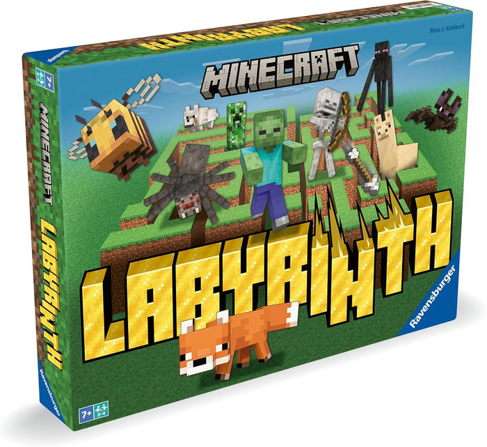 Green board game box showing blocky Minecraft mobs in a grass maze with bold gold Labyrinth title text and blue sky.