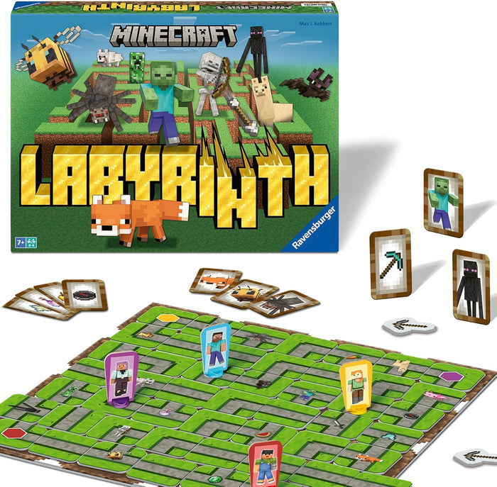 Minecraft Labyrinth board game with a green grass-themed maze board, character standees, and item cards.