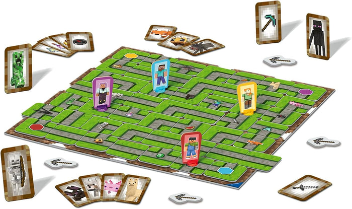 Minecraft board game with a green maze board, character standees, and cards depicting various game mobs and items.